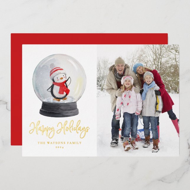 Tarjeta Festiva Con Relieve Metalizado Cuidada acuarela Penguin Nieve Globe Foto (Anverso/Reverso)