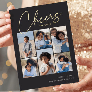 Tarjeta Festiva Con Relieve Metalizado Cursiva esbozada 6 Collages de fotos Año Nuevo