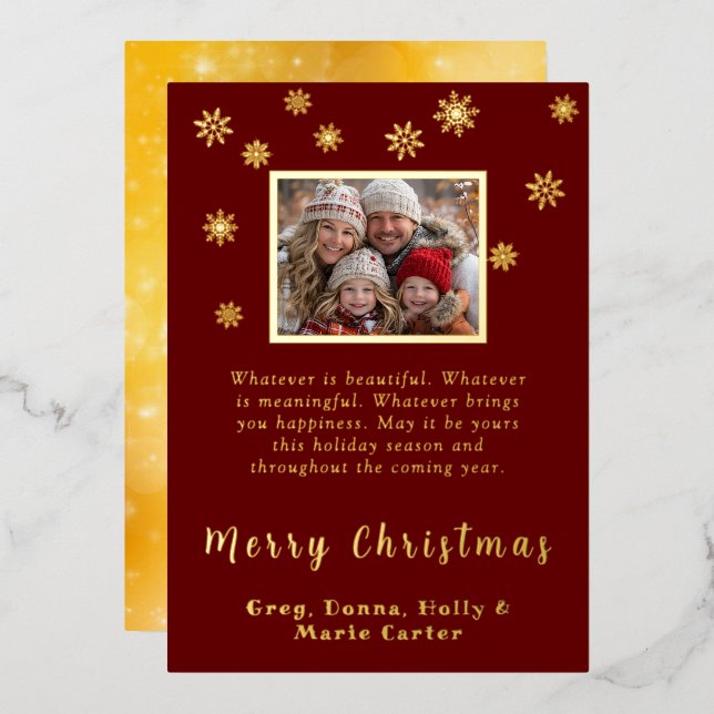 Tarjeta Festiva Con Relieve Metalizado Custom Photo Snowflakes Merry Christmas (Anverso/Reverso)