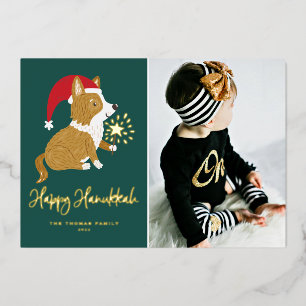 Tarjeta Festiva Con Relieve Metalizado Cuta Santa Corgi Foto Verde Feliz Hanukkah