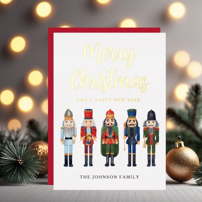 Tarjeta Festiva Con Relieve Metalizado Cutcracker Merry Christmas Gold (Cute Nutcracker Merry Christmas Gold Foil Holiday Card)