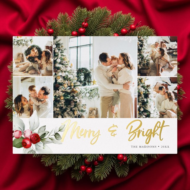 Tarjeta Festiva Con Relieve Metalizado Cute 7 Photo Collage Handwritten Merry And Bright  (Subido por el creador)