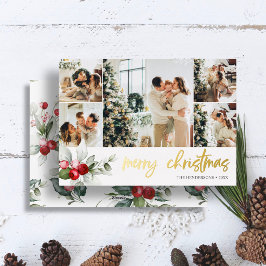 Tarjeta Festiva Con Relieve Metalizado Cute Berry Christmas Script Photo Collage