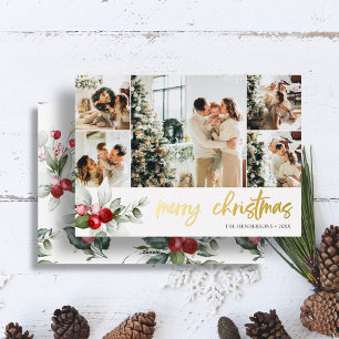 Tarjeta Festiva Con Relieve Metalizado Cute Berry Christmas Script Photo Collage
