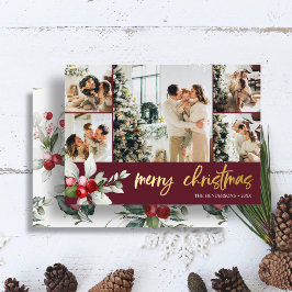 Tarjeta Festiva Con Relieve Metalizado Cute Berry Christmas Script Photo Collage