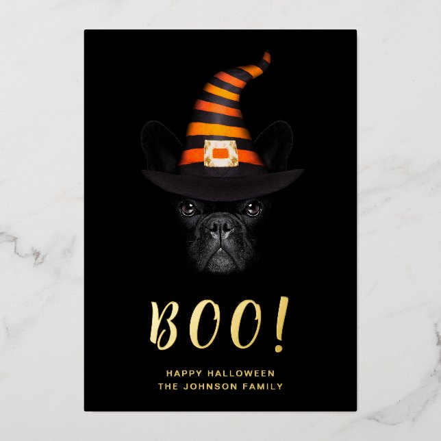 Tarjeta Festiva Con Relieve Metalizado Cute Boo Halloween Photo Gold (Anverso)