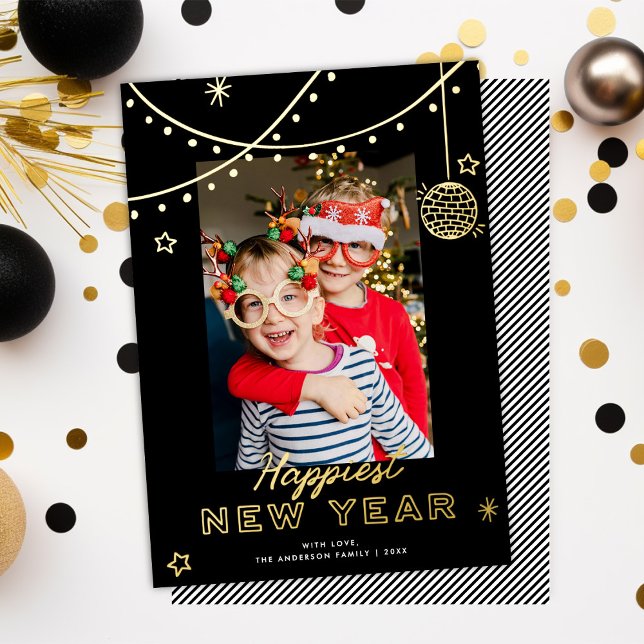 Tarjeta Festiva Con Relieve Metalizado Cute Fun Doodles Happy New Year Photo Black + Gold (Subido por el creador)