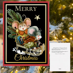Tarjeta Festiva Con Relieve Metalizado Cute Historieta de Bosque Ratones en Trineo Navida