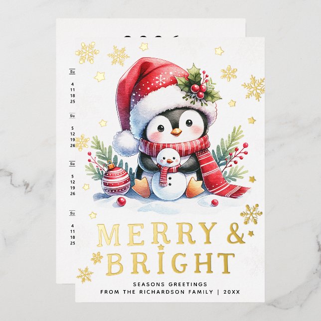 Tarjeta Festiva Con Relieve Metalizado Cute Penguin White Red Gold Merry Bright Christmas (Anverso/Reverso)