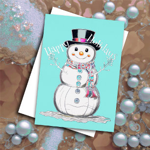Tarjeta Festiva Con Relieve Metalizado Cute Snowman Felices Fiestas y acentos de Relieve 