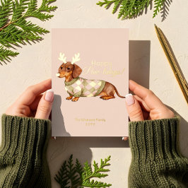 Tarjeta Festiva Con Relieve Metalizado Dachshund Dog Christmas Checkered Sweater Photo