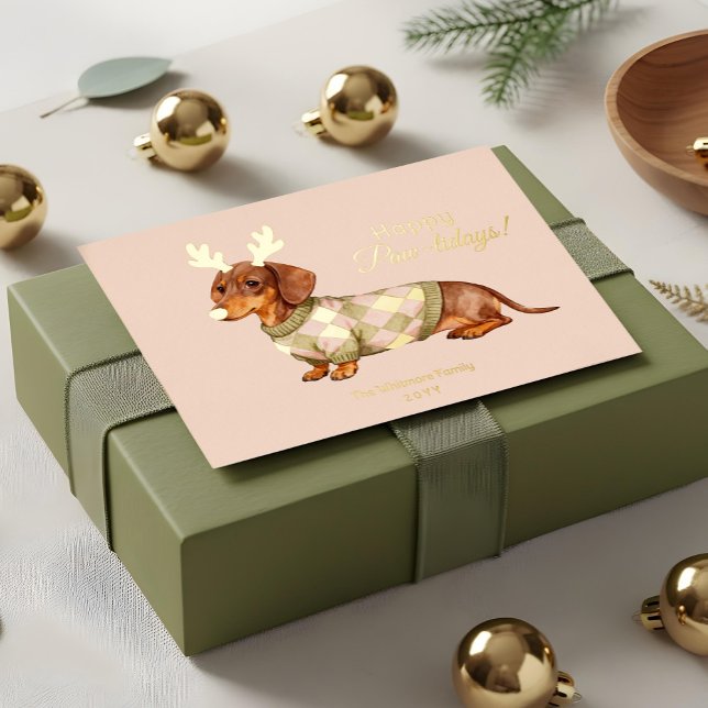 Tarjeta Festiva Con Relieve Metalizado Dachshund Dog Christmas Checkered Sweater Photo (Dachshund Dog Christmas Checkered Sweater Photo Foil Holiday Card)