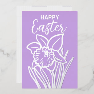 Tarjeta Festiva Con Relieve Metalizado Daffodil Floral Pascua Feliz de Hoja de Oro