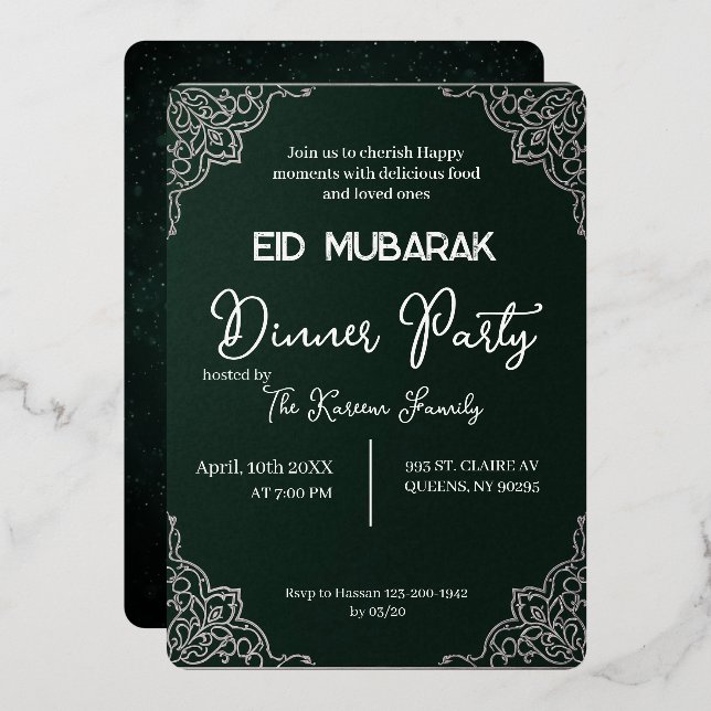 Tarjeta Festiva Con Relieve Metalizado Dark Green elegant EID MUBARAK Invitation (Anverso/Reverso)