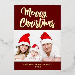 Tarjeta Festiva Con Relieve Metalizado Dark Red Maroon Gold Family Foto Feliz Navidad