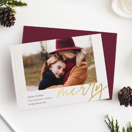 Tarjeta Festiva Con Relieve Metalizado Dashing Script | Merry | Horizontal Photo