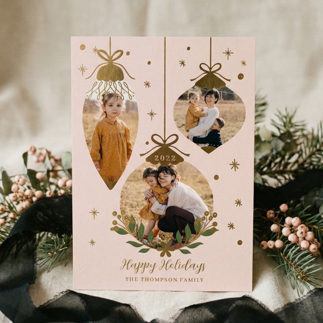 Tarjeta Festiva Con Relieve Metalizado Deck The Halls Elegant Hanging Photo Ornaments (Deck The Halls 3 Photo Vintage Christmas Ornament Foil Holiday Card)