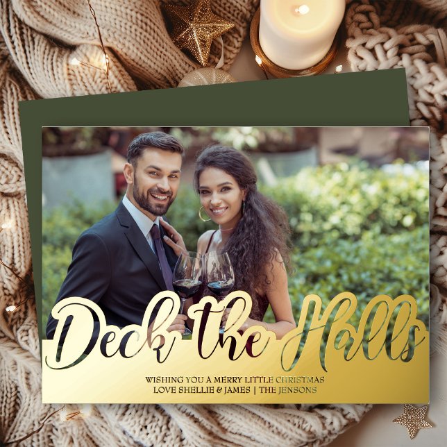 Tarjeta Festiva Con Relieve Metalizado Deck the Halls Single Photo Handwriter Gold (Deck the Halls photo christmas card with luxury gold foil, designed by Darling & May)