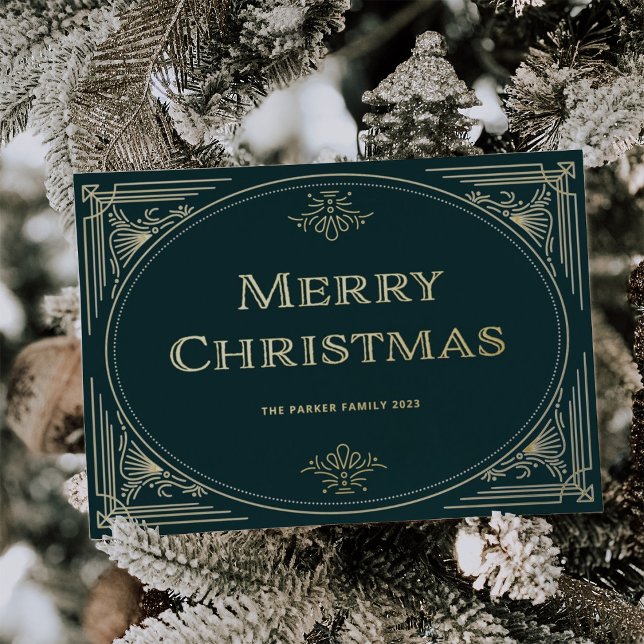 Tarjeta Festiva Con Relieve Metalizado Deco moderno | Ecologista Esmeralda y Navidades de (A vintage, art deco style Christmas holiday card in rich emerald green with your photo on the back)