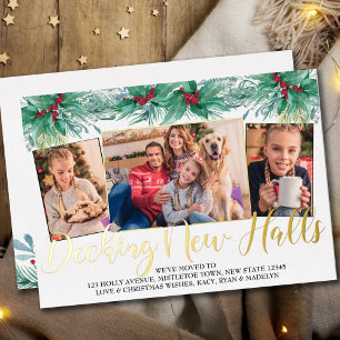 Tarjeta Festiva Con Relieve Metalizado Decorando Nuevos Pasillos Holly y Muérdago 3 Foto