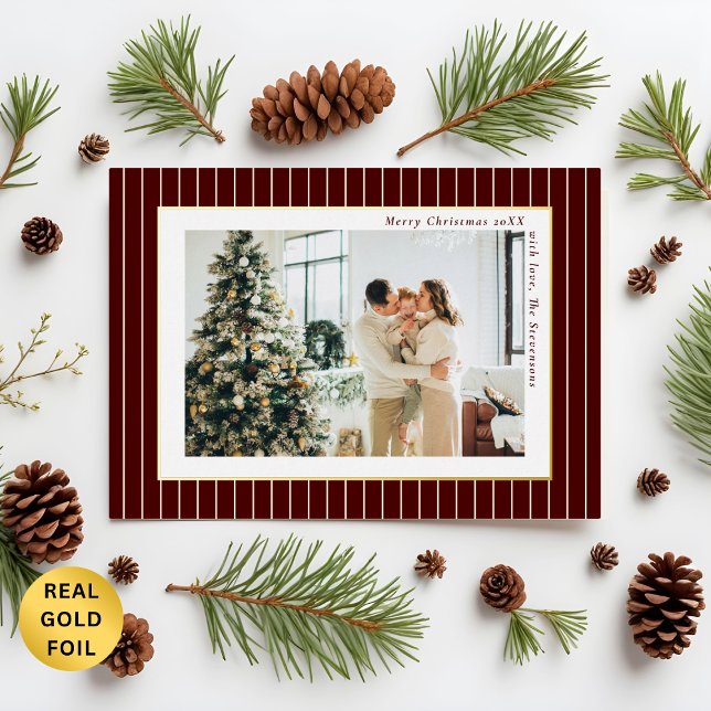 Tarjeta Festiva Con Relieve Metalizado Deep Burgundy Old Money Pinstripe Christmas Photo (Subido por el creador)