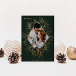 Tarjeta Festiva Con Relieve Metalizado Delicate Holly | Elegant Photo<br><div class="desc">A modern and elegant holiday card that frames your vertical or portrait oriented photo in a beautifully detailed diamond shaped gold foil frame with holly leaves, berries, and winter leaves on a rich hunter green background. "Merry" appears at the top left, with your family name along the bottom. The year...</div>