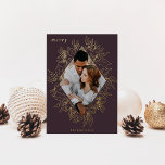 Tarjeta Festiva Con Relieve Metalizado Delicate Holly | Elegant Photo<br><div class="desc">A modern and elegant holiday card that frames your vertical or portrait oriented photo in a beautifully detailed diamond shaped gold foil frame with holly leaves, berries, and winter leaves on a rich plum background. "Merry" appears at the top left, with your family name along the bottom. The year is...</div>