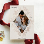 Tarjeta Festiva Con Relieve Metalizado Delicate Holly | Elegant Photo Rose Gold<br><div class="desc">A modern and elegant holiday card that frames your vertical or portrait oriented photo in a beautifully detailed diamond shaped rose gold foil frame with holly leaves, berries, and winter leaves. "Merry" appears at the top left, with your family name along the bottom. The year is tucked elegantly into the...</div>