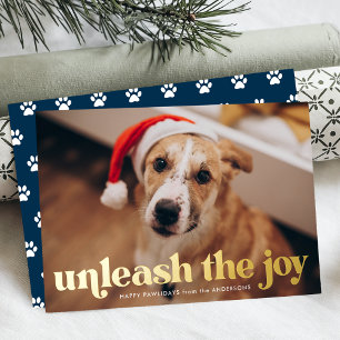 Tarjeta Festiva Con Relieve Metalizado Desata la Alegría Foto de Perro Navy