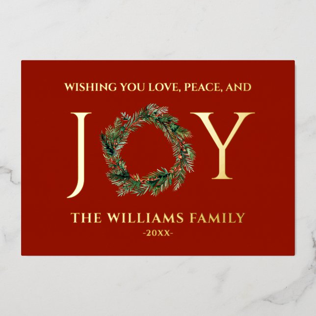 Tarjeta Festiva Con Relieve Metalizado Deseando Amor Paz Y Alegría Navidad Roja (Anverso)