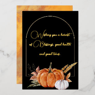 Tarjeta Festiva Con Relieve Metalizado Deseándole una Cita de Cosecha Naranja Calabazas B