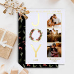 Tarjeta Festiva Con Relieve Metalizado Deseándote paz amor y alegría 3 Navidades de fotos<br><div class="desc">Navidades de Deseos de Paz, Amor y "Alegría" Diseño de vacaciones con una corona colocada en la "O" en "Alegría" a la izquierda con tres fotos de su elección a la derecha. Simplemente agregue el año y el nombre de su familia para completar el diseño. La parte trasera está decorada...</div>