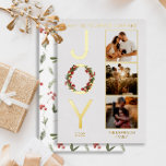 Tarjeta Festiva Con Relieve Metalizado Deseándote paz amor y alegría 3 Navidades de fotos<br><div class="desc">Navidades de Deseos de Paz, Amor y "Alegría" Diseño de vacaciones con una corona colocada en la "O" en "Alegría" a la izquierda con tres fotos de su elección a la derecha. Simplemente agregue el año y el nombre de su familia para completar el diseño. La parte trasera está decorada...</div>
