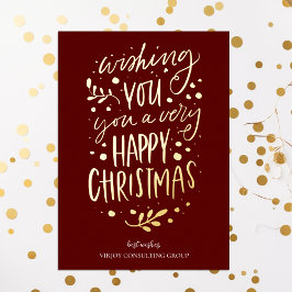 Tarjeta Festiva Con Relieve Metalizado Desearía Feliz Navidad Red Gold Script Business