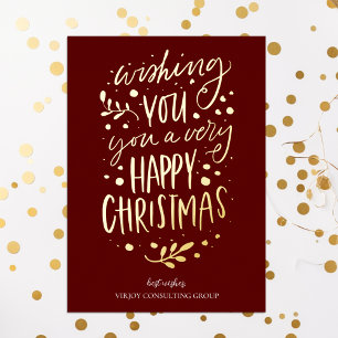 Tarjeta Festiva Con Relieve Metalizado Desearía Feliz Navidad Red Gold Script Business