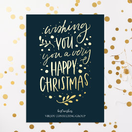 Tarjeta Festiva Con Relieve Metalizado Desearte Feliz Navidad Blue Gold Script Business