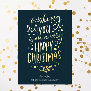 Tarjeta Festiva Con Relieve Metalizado Desearte Feliz Navidad Blue Gold Script Business