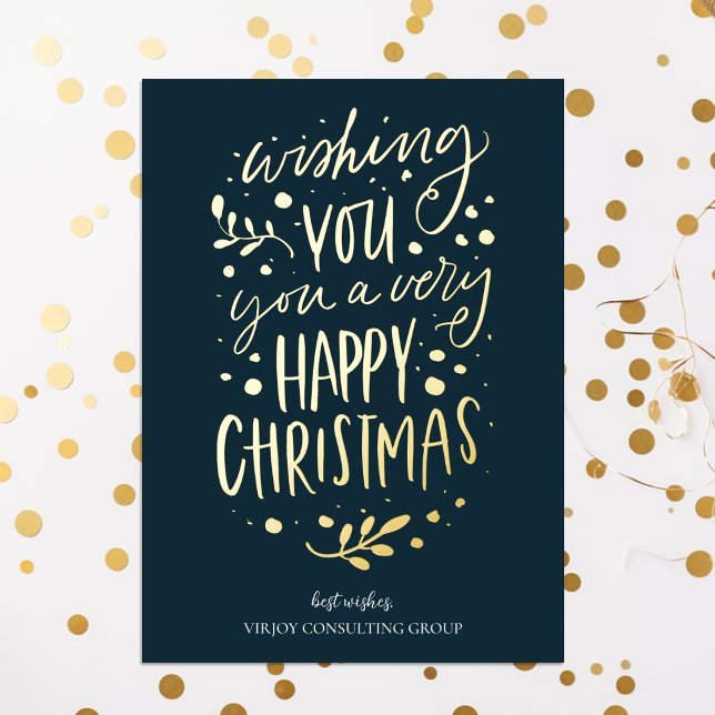 Tarjeta Festiva Con Relieve Metalizado Desearte Feliz Navidad Blue Gold Script Business (Subido por el creador)