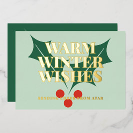 Tarjeta Festiva Con Relieve Metalizado Deseos de invierno cálido Navidad Holly 