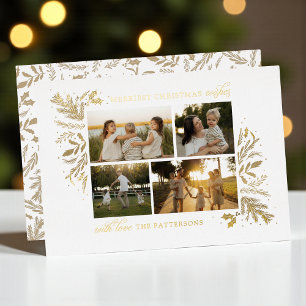 Tarjeta Festiva Con Relieve Metalizado Deseos de Navidad más alegres con lámina de oro 4 