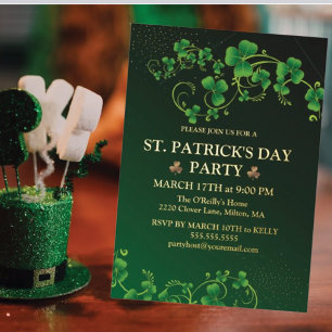 Tarjeta Festiva Con Relieve Metalizado Día de San Patricio Verde Vid Trebol Irlandés Fies