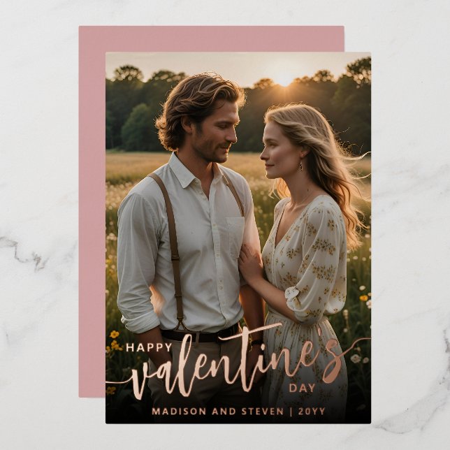 Tarjeta Festiva Con Relieve Metalizado Día de San Valentín Feliz Foto Personalizada Elega (Anverso/Reverso)