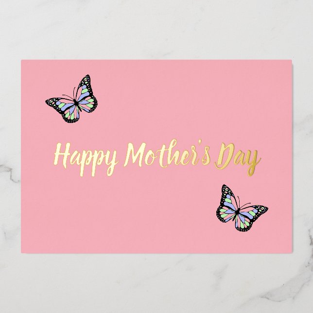 Tarjeta Festiva Con Relieve Metalizado Día Feliz de la Madre Rosa Lindo con Mariposas (Anverso)