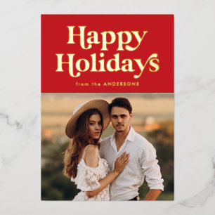 Tarjeta Festiva Con Relieve Metalizado Días festivos Retro Tipo Felices Fiestas Foto Rojo