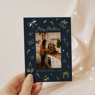 Tarjeta Festiva Con Relieve Metalizado Dibujado a mano Feliz Navidad Foto juguetona