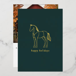 Tarjeta Festiva Con Relieve Metalizado Dibujo de línea de caballo minimalista verde ecues