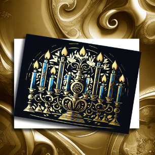Tarjeta Festiva Con Relieve Metalizado Dibujo de Menorah Hanukkah Gold Blue