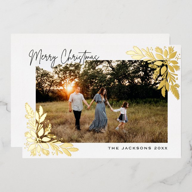 Tarjeta Festiva Con Relieve Metalizado Diseño de poinsettia navideña (Anverso/Reverso)