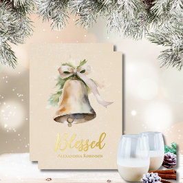 Tarjeta Festiva Con Relieve Metalizado Diseño elegante de campana y cinta de acuarela ver