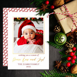 Tarjeta Festiva Con Relieve Metalizado Diseño Minimalista de Foto en Rojo y Blanco Paz Am
